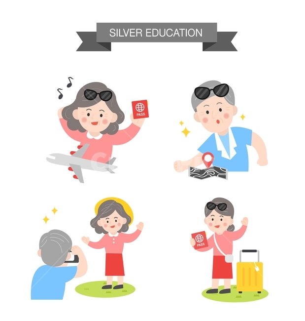 비행기,여권,캐리어,할아버지,할머니,실버세대,노인,노년,시니어,캐릭터,실버,실버산업,교육,학업,공부,노인,어르신,old man, senior citizen,여행,휴가,traveling,vacation,trip,그래픽,일러스트레이션,graphic,illustration