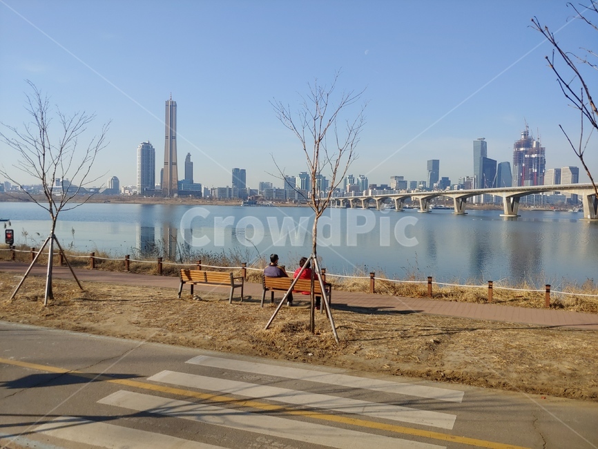 한강,여의도,공원,자전거길,산책로,벤치,겨울,겨울풍경,63빌딩,나목,원효대교,한강다리,다리,교각,도심,도시,서울