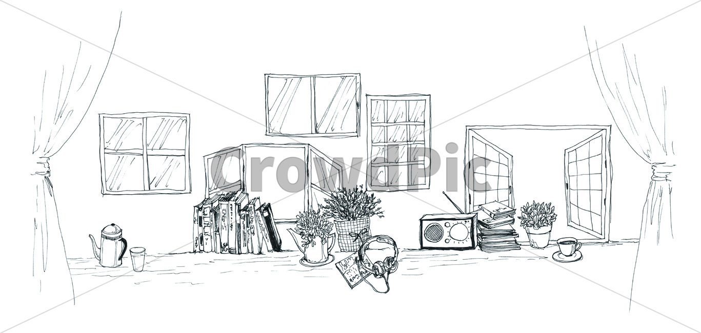 손그림,handdrawing,팬그림,팬라인,pen,penline,penpicture,pendrawing,창문,책,book,volume,window,라디오,radio,꽃,flower,bloom,blossom화분,flowerpot,pot