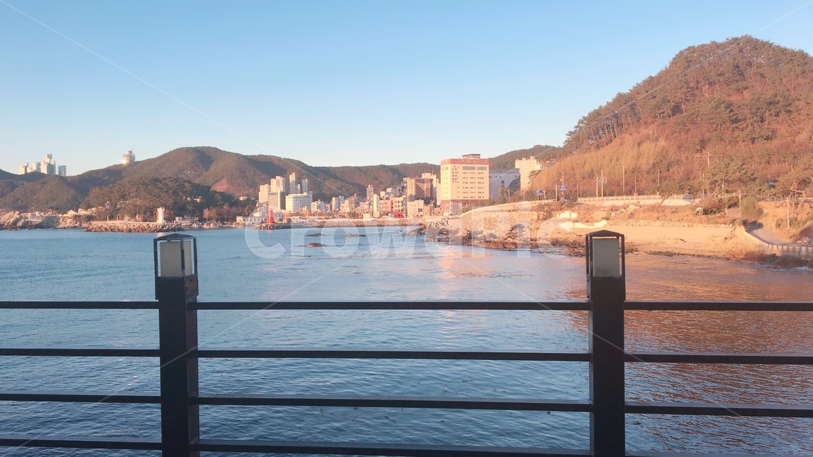 바다,바닷가,하늘,푸른색,하늘색,겨울바다,sea,ocean,winter,구름한점없는,푸른하늘,나무,나무들,trees,산,mountain,오후,자연,풍경,nature,landscape,handrail,난간,banister,railing