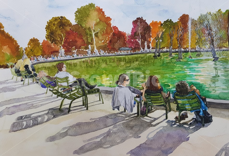 수채화,풍경화,watercolor,프랑스,파리,paris,france,공원,휴식,평화,여유,park,호수,사람,인간,human,person,튈르리공원,분수,물가,가을,단풍,그림,미술