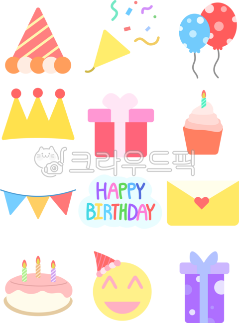 Birthday,happy birthday,birthday illustration,birthday icon,birthday hat,birthday firecracker,balloon,dotted balloon,crown,gift,birthday present,birthday cake,cake,happy birthday,invitation,letter,smile