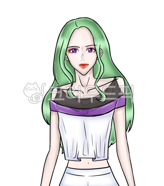 여자,초록색머리,초록색,녹발,보라색눈,person,female,성인,adult,사람,woman,여성,만화,comics,새침,새침함,화장,예쁜,의류,크롭티,그림