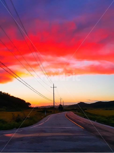 노을,도로,전봇대,빨강,분위기,자연,풍경,nature,landscape