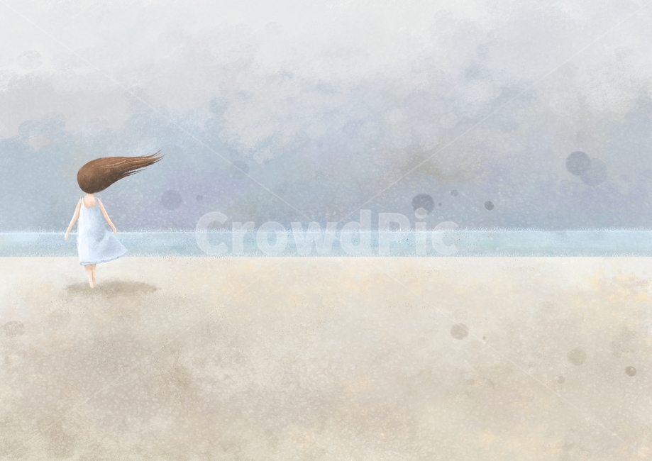 페인터,그림,일러스트,핸드드로잉,드로잉,이미지,아트,클립,클립아트,삽화,그래픽,수채화,유화,파스텔,상황,상황그림,상업미술,회화,수작업,손그림,미술,피서,행복,인간,여행,여행지,휴양지,휴가,휴식,즐거움,기쁨,사람,풍경,배경,캐릭터,예쁜그림,엽서,카드,감수성,느낌,라이프스타일,해변,소녀,여인,여자,편안함,쓸쓸함,머리날림,여름,그리움,여,하늘,구름,바다,파도,모래,모래사장,회색하늘,해변,바다,beach,sea,고독함,외로움,쓸쓸함,우울함,슬픔,lonely,solitary,그래픽,일러스트레이션,graphic,illustration