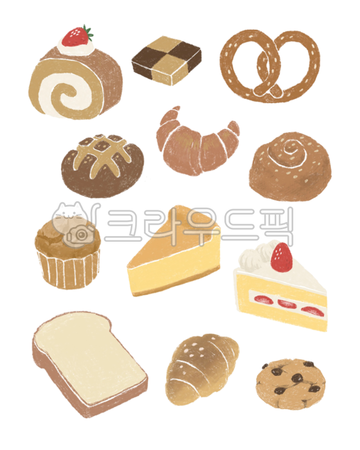 Doodle,bread,Cheesecake,hand drawing,Strawberry cake,adornment,pattern,simple,sauce,muffin,cute,food,cake,background,croissant,color pencil,Pretzels,illustration