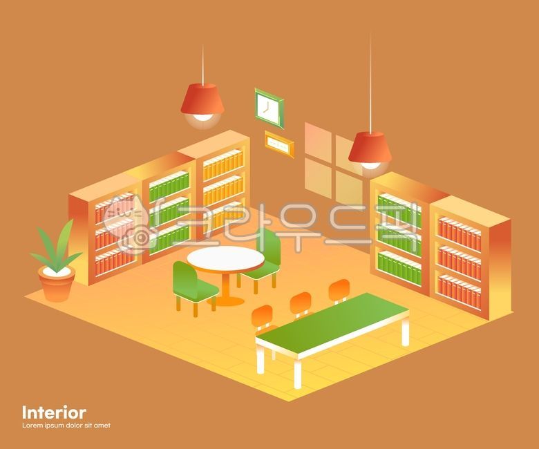 인테리어,실내,리빙,아이소메트릭,방,생활,일상,라이프,가구,조명,도서관,스터디카페,도서실,책장,책,시계,화분,의자,테이블,공부,독서,일러스트,디자인,소스,웹소스