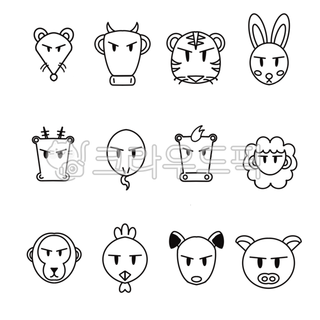 십이지신,십이간지,동물,얼굴,스케치,12간지,12지신,띠,외곽선,선,드로잉,그림,일러스트,illustration,line,디자인,카툰,색칠,색칠공부,라인,자축인묘,진사오미,신유술해,쥐,소,호랑이,범,토끼,용,뱀,말,양,원숭이,잔나비,개,강아지,돼지,캐릭터,배경없음,도안,색칠공부도안