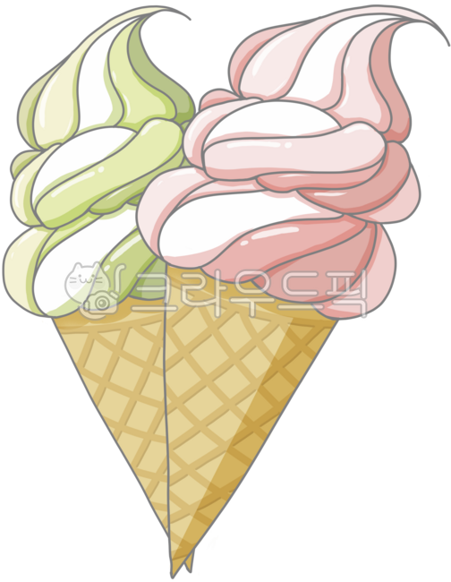 Ice cream,cone ice cream,soft ice cream,cool,summer,illustration,illustrator,strawberry flavor,green tea flavor,cute illustration,food illustration,ice cream illustration