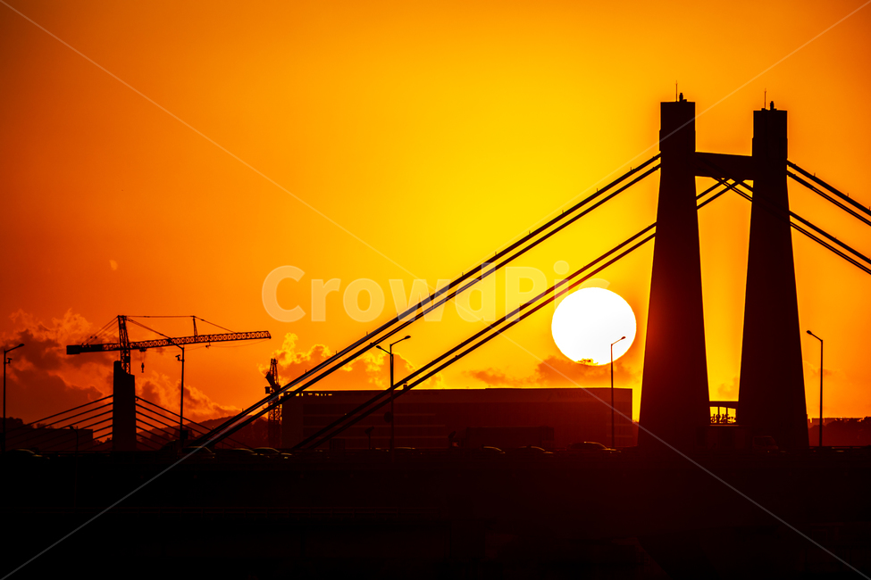 red,evening time,Haengju Bridge,city,sunset,contrast,bridge,sun