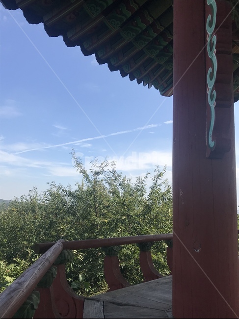난간,하늘,정자,나무,구름