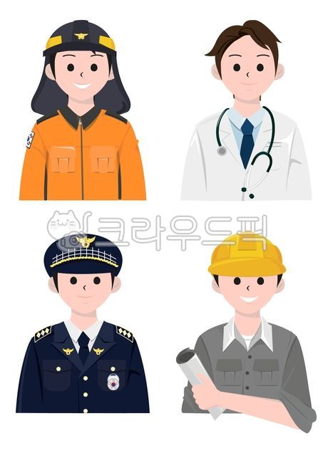 일러스트,직업,사람,인간,캐릭터,일,장래희망,일자리,전문직,전문가,소방관,소방원,구급대원,소방대원,소방의날,소방서,119,의사,의료,의학,선생님,병원,역할,레지던트,엔지니어,기술자,기술가,수리,서비스,기사,공학자,산업,설계자,경찰,복장,의복,의류,업무복,파출소,지구대