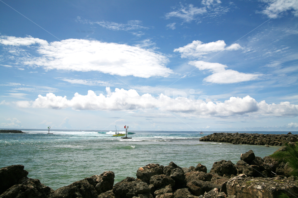 cloud,rock,Beach,ocean,Guam,Tumon Bay,boat,Sunny