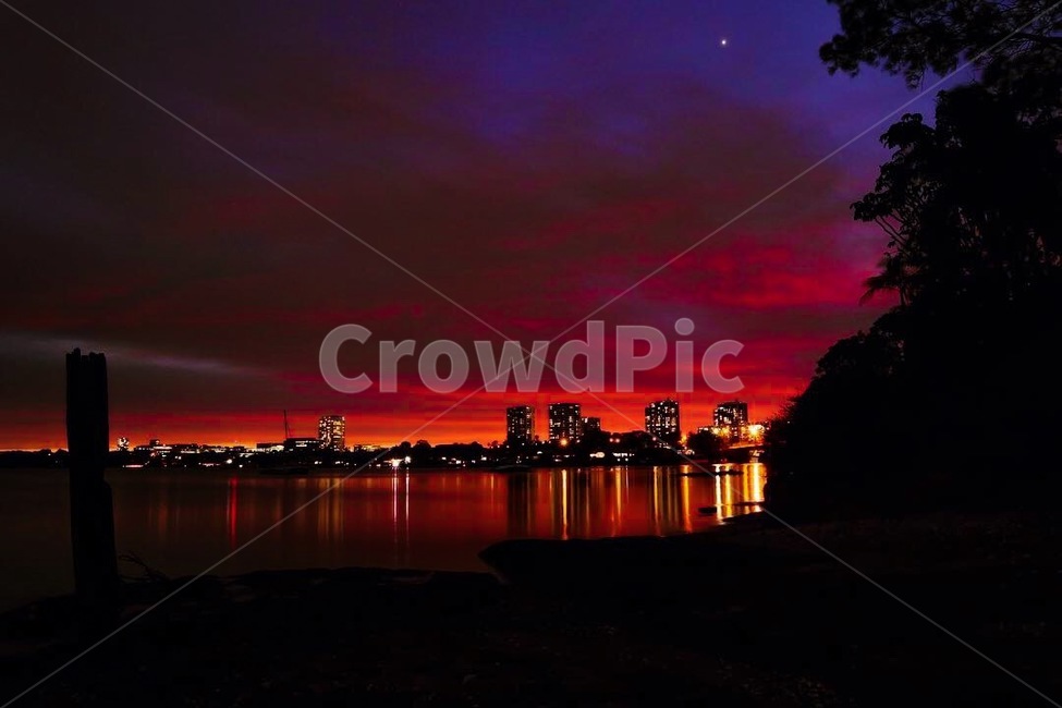 야경,구름,빛,나무,바다,야경,밤,풍경,nightscape,night,landscape,nature,자연,outdoors,옥외,dawn,새벽,sunset,일몰,red sky,붉은 하늘,sky,하늘,dusk,황혼
