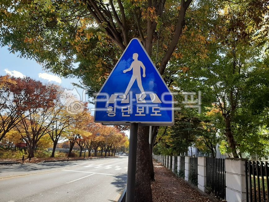 sidewalk,sky,crosswalk sign,distance,road sign,tree,Transportation information,Information sign,cloud,crosswalk,traffic safety sign,street,traffic sign