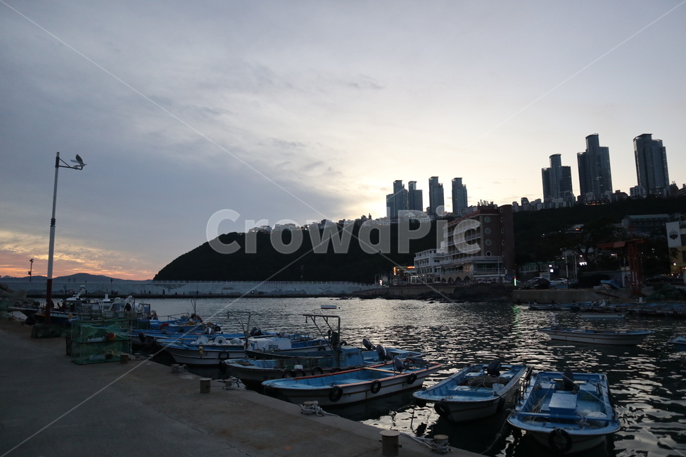 배,아파트,역광,물,바다,부두,부둣가,선박,보트,노을,하늘,물결,바닷가마을,청사포,어촌,산업,industry,industrial,어업,fishery,fishing industry