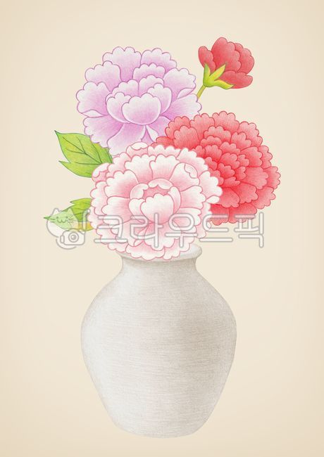 일러스트,배경,백그라운드,새해,설,신년,병오년,2026,명절,한국,문화,전통문화,전통,식물,민화,수작업,색연필,색연필화,그림,도자기,꽃병,꽃,모란,모란꽃,잎