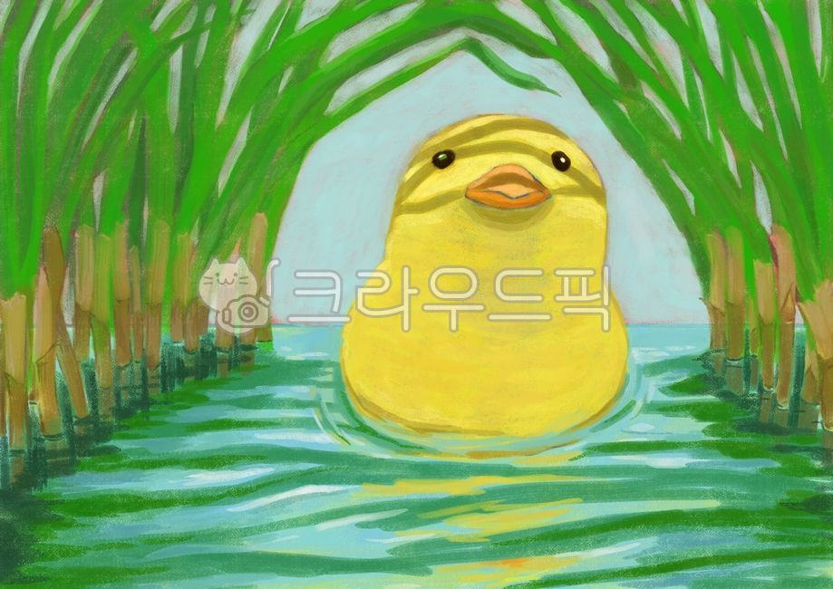 duck,duckling,chick,yellow,green,pond,rice field,stream,swim,summer,shadow,grass,bushes,grassland,quiet,walk,comfortable,calm,peaceful,duckling,shade,light,handpainted,painting,art,oilpainting,digitalpainting,digitaldrawing,creative,cute,background,illust