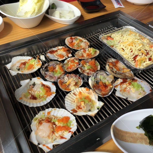 조개구이,가리비,음식,해산물,바다,철판,일식