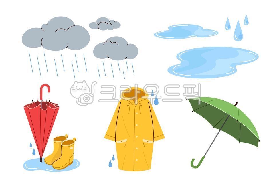 장마,비,비구름,비오는날,일러스트,빗방울,소나기,날씨,여름,우산,아이콘,물웅덩이,장화,우비,먹구름,물방울,물,노란색,세트,컬렉션,여러가지