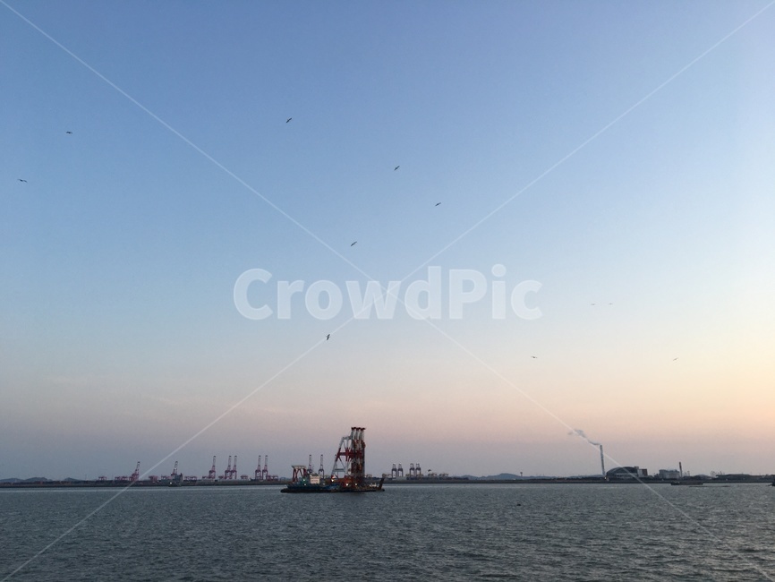 atmosphere,tide,dusk,Orange,red,West Sea sunset,bird,western sky,Development,Seagull,sky,factory,red sky,nature,desolation,Dusk,west sea,blue,redsky,sunset,west coast