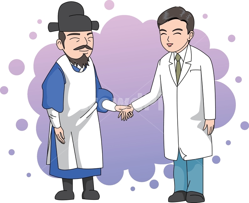 한의학,의술,의학,사람,의원,의사,옛날복장,한복,옛날사람,조선시대,의료,치료,병자,환자,약,한약,치료제,처방,병,치료약,고전,옛날,사극,일러스트,일러스트레이션,삽화,만화,캐릭터,벡터,웹,앱,현대의학,양학,옛날의사,현대의사,악수,미소,웃음,남자,남,기쁨,행복,과거,현재,현대,미래,한국전통,한국문화,korean traditional,korean culture,의료,의학,병원,medical,hospital,clinic,그래픽,일러스트레이션,graphic,illustration