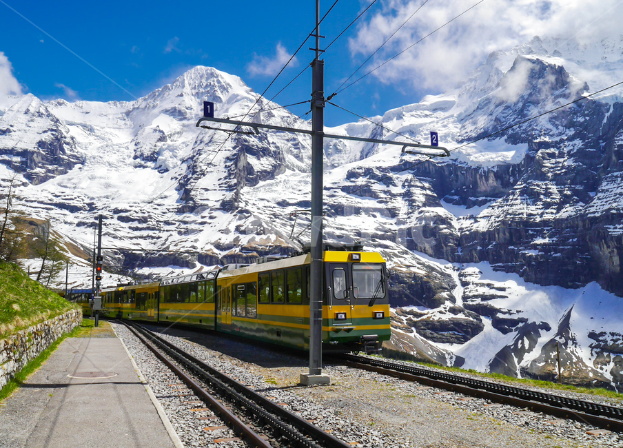 alps,Jungfrau,tourist train,gray eyes,Swiss,mountain train,cloud,beautiful,mountain,Jungfraujoch,sight,train travel,europe,train,traffic,sky,snow mountain,railroad,nature,blue,climbing train,snow covered