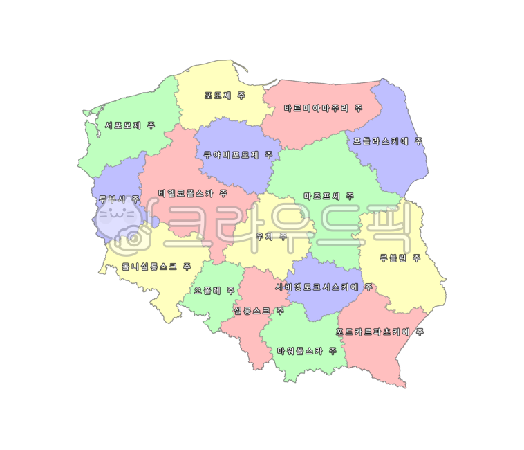 유럽,동유럽,폴란드,지도,4색지도,파란색,초록색,노란색,빨간색,행정구역,바르샤바,포모제,포즈난,크라쿠프,비스와,슈체친,map,white,poland,polska