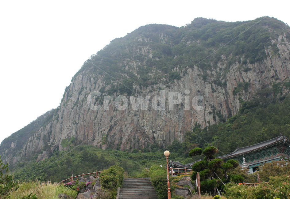제주,제주도,제주아일랜드,섬,산,암벽,절벽,자위산,숲,자연,낮,산방산,한국,대한민국,나무,가로등,계단,절,사찰,보문사,풀,식물,돌산,돌,스톤,소나무,난간