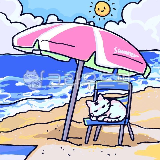 고양이,해변,시티팝,바다,바닷가,뭉게구름,구름,청량,고양이일러스트,귀여운,시원한,파라솔,비치,비치타월,여름,여름방학,물놀이,수영,낮잠,파도,물거품,모래사장,모래,피서,휴양지,휴식