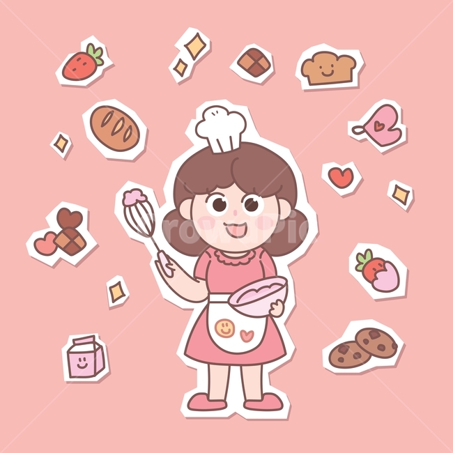 여자,베이킹,베이커리,제빵,제빵사,요리,조리,음식,빵,쿠키,우유,재료,소녀,캐릭터,인물,귀여운,웃고있는,스마일,웃음,딸기,초콜렛,크림,생크림,그릇,앞치마,위생모,치마,원피스,분홍색,핑크,일러스트,벡터,손그림,종이,스티커,휘핑,빵집,직업,음식,식재료,요리,food,cook,meal,dishes,food reserves,그래픽,일러스트레이션,graphic,illustration