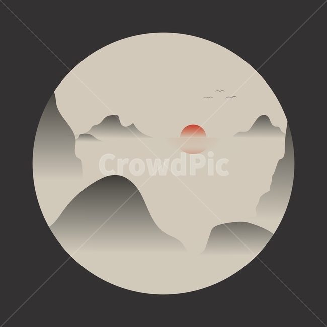 동양화,동양,한국,아시아,산수화,수묵화,해,산,그라데이션,먹,벡터,일러스트,디자인소스,그림,프레임,풍경,배경,전통,노을,새,한국전통,한국문화,korean traditional,korean culture,그래픽,일러스트레이션,graphic,illustration