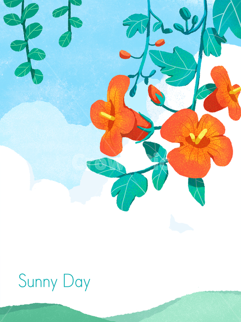하늘,구름,능소화,꽃,유화,빈티지,레트로,엽서,자연,풍경,nature,landscape,식물,plants,꽃,flower,그래픽,일러스트레이션,graphic,illustration,plant