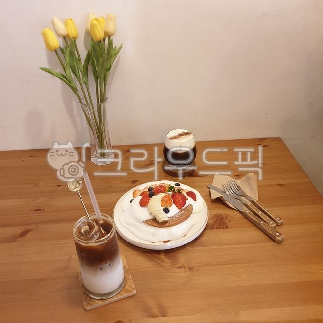 Tomorrow Coffee,Tulip,souffle,yellow flower,pancake,Latte,dessert,wood,A cup of coffee,table