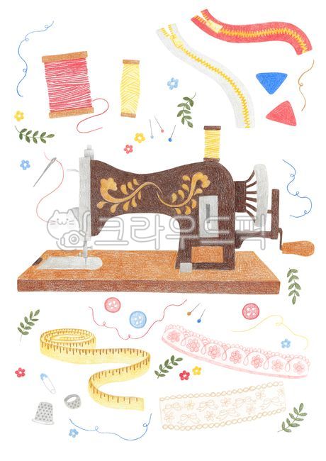 일러스트,색연필,그림,드로잉,색연필화,포스터,바느질,실,지퍼,초크,단추,레이스,줄자,바늘,식물,나뭇잎,꽃,엔틱,골무,시침핀,핀,취미,미싱