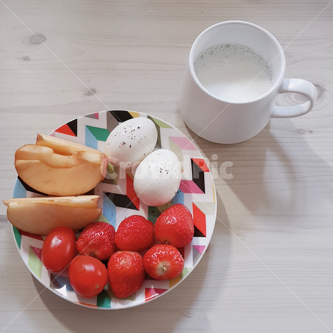 Healthy food,homemade,boiled egg,cherry tomato,strawberry,milk,plate,vegan,bowl,apple,wellness,diet,breakfast,table,cup