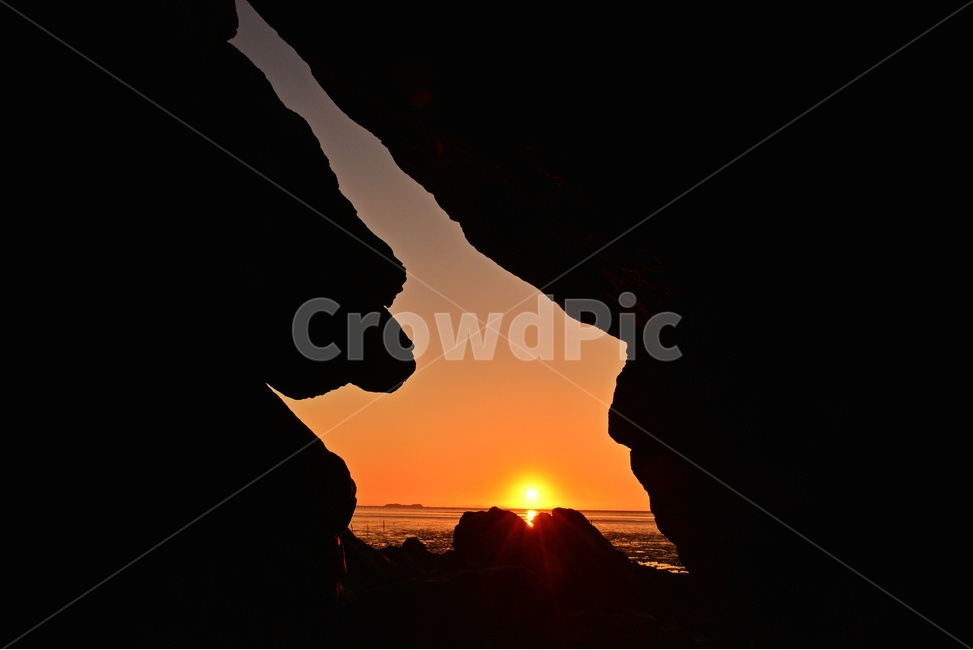 nature,자연,light,빛,flare,플레어,outdoors,옥외,영광,백수,해식동굴,바다,해안,해변,일몰,해넘이,노을,황혼