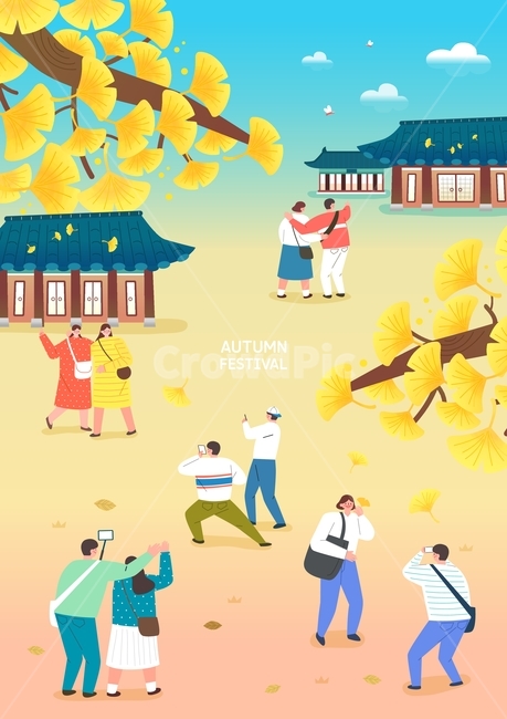 은행나무,은행잎,기와,한국,전통,가을,여행,페스티벌,축제,행사,이벤트,계절,시즌,생활,캐릭터,사람,연인,연인,커플,사랑,lover,couple,그래픽,일러스트레이션,graphic,illustration