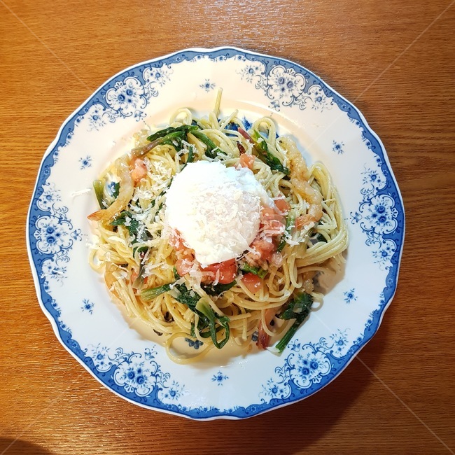 food,식품,meal,식사,dish,혼밥,시금치파스타,파스타,수란,오일파스타,홈쿡,요리,집밥