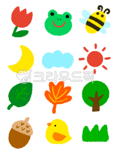 일러스트,아이콘,유치원,어린이,개구리,꿀벌,병아리,도토리,구름,햇님