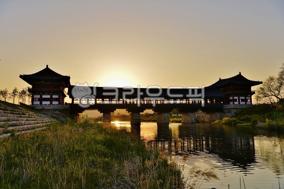 문화제,관광지,경주,월정교,강,시냇물,석양,건축물