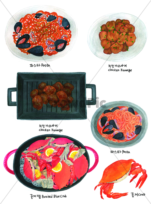 손그림,물감그림,handdrawing,watercolor,그릇,bowl,container,basin,접시,dish,plate,음식,food,조리도구,kitchentools컵,게요리,crabdishes,cup,tumbler,glass,유리컵,머그잔,mug잔,teacup,치킨가라아게,chickenkaraage,coffeecup,게,crab,koreafood,파스타,pasta,꽃게찜,braisedbluecrab