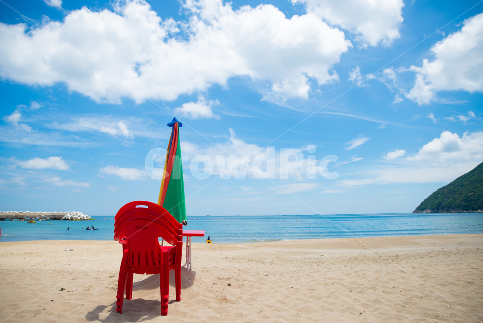 여름,해변,의자,바다,구름,해변,바다,beach,sea
