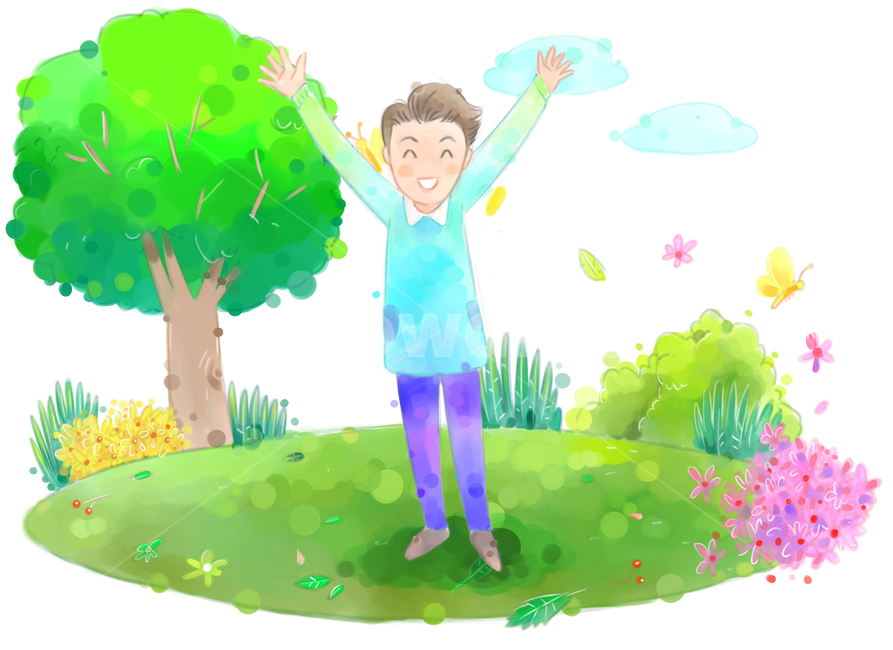 leaf of grass,spring semester,Brightness,lightness,spring breeze,oil paint,stretching,situation picture,smile,spring,cloud,pastel,character,leaves,sight,drawing,season,hurray,conversation,laugh,spring outing,warmth,hand drawing,pleasure,tree,breeze,painte