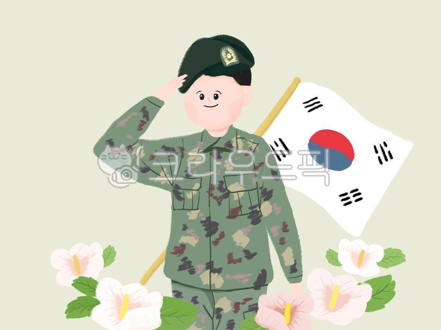 군인,군대,육군,충성,경례,포즈,남자,호국보훈의달,호국보훈,호국,현충일,6월,무궁화,태극기,극기,사람,일러스트,캐릭터,그래픽,청년,베레모,공휴일,기념일,625,한국,대한민국,깃발