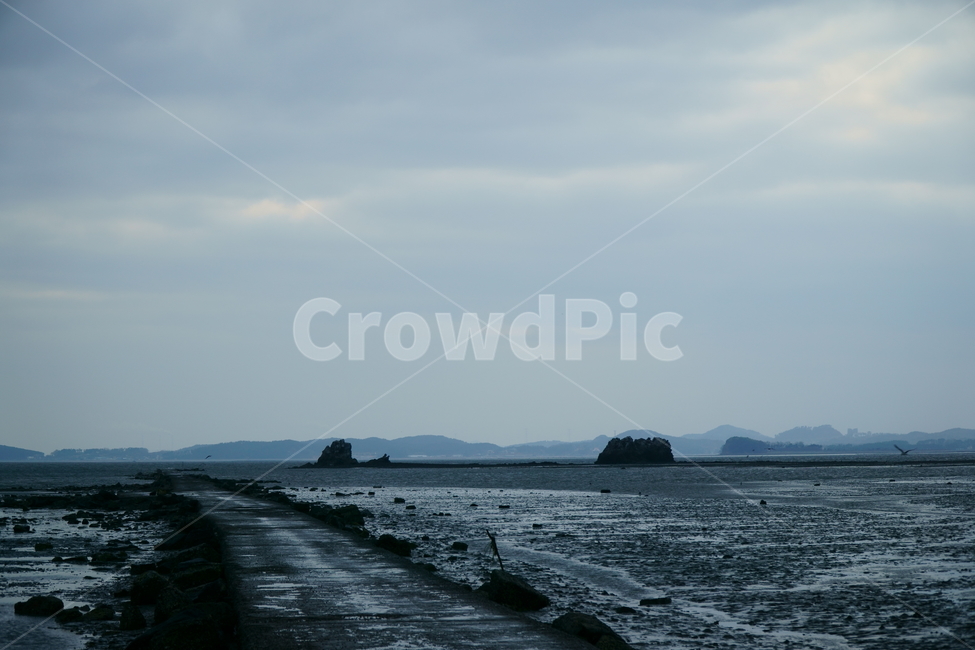 nature,자연,outdoors,옥외,land,땅,sea,바다,water,물,ocean,대양,탄도항,갯벌,흐린날,섬,썰물,구름낀,어두운,서해,길,바닷길