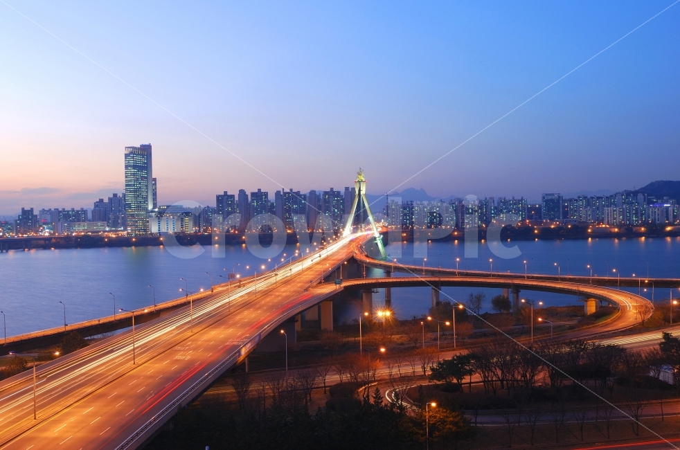night view,boulevard,Gwangjingu,Olympic Bridge,city,Techno Mart,skyline,building,Han River,riverside road,road,Seoul,cityscape,bridge,river,apartment,Korea