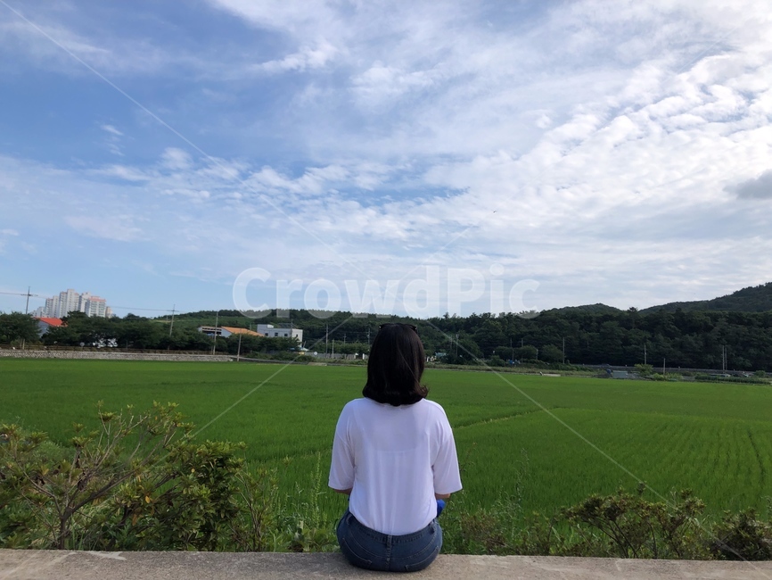 평야,뒷모습,하늘,풍경,여행,감성사진,여성,여자,woman,female,lady