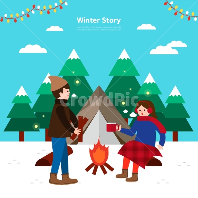 모닥불,캠핑,나무,커플,텐트,겨울,눈,겨울,계절,winter,season,연인,커플,사랑,lover,couple,여행,휴가,traveling,vacation,trip,그래픽,일러스트레이션,graphic,illustration