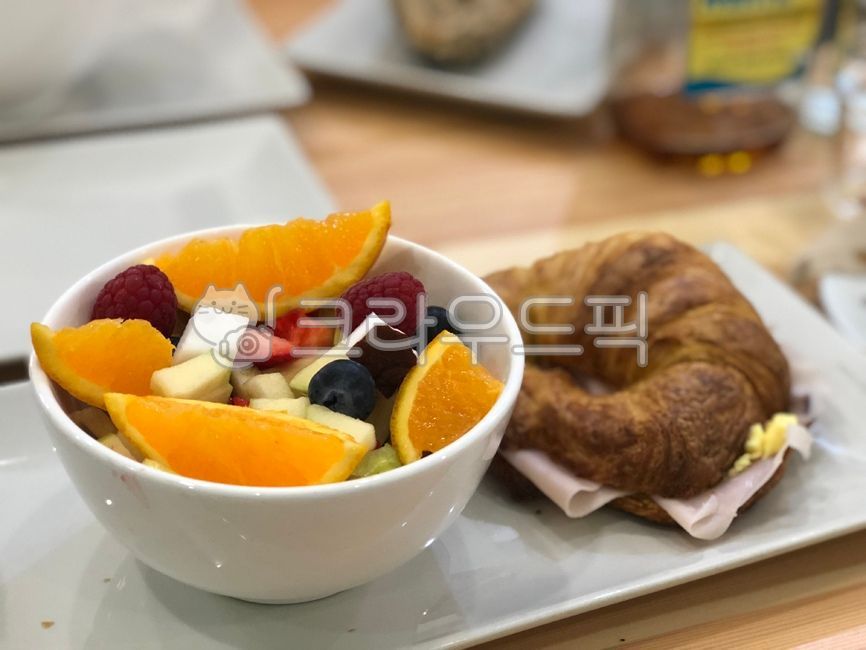 orange,Breakfast,yogurt ball,fruit,croissant,sandwich